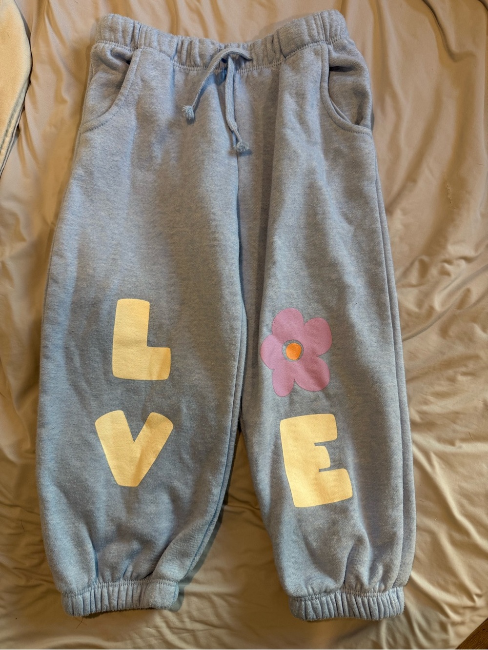 Cat & Jack Light Blue Sweatpants with Yellow 'LOVE' and Pink Flower